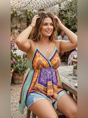Le Lis Blanc Bright Boho Mixed Print Handkerchief Hem Tank Top - Size L